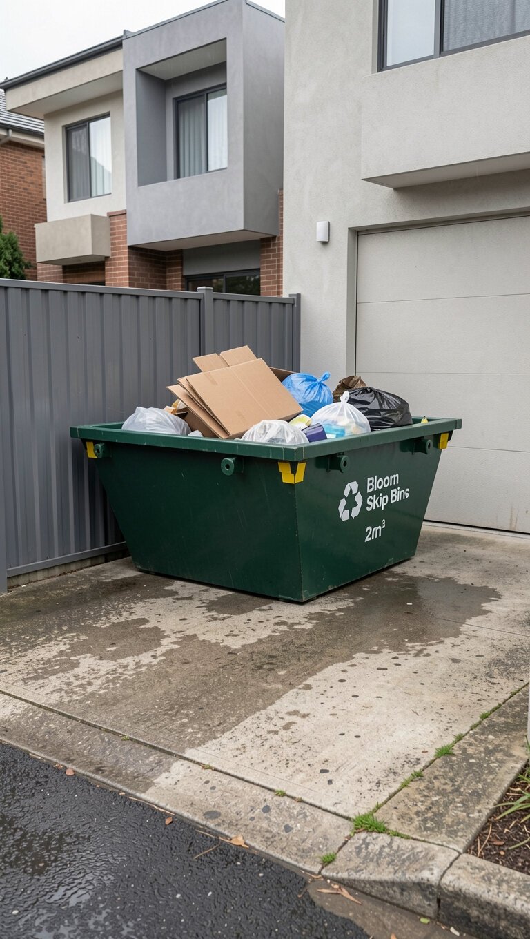 2m³ mini skip bin on a narrow suburban driveway beside a fence