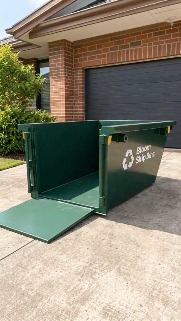3m³ skip bin on a driveway with its walk-in door open