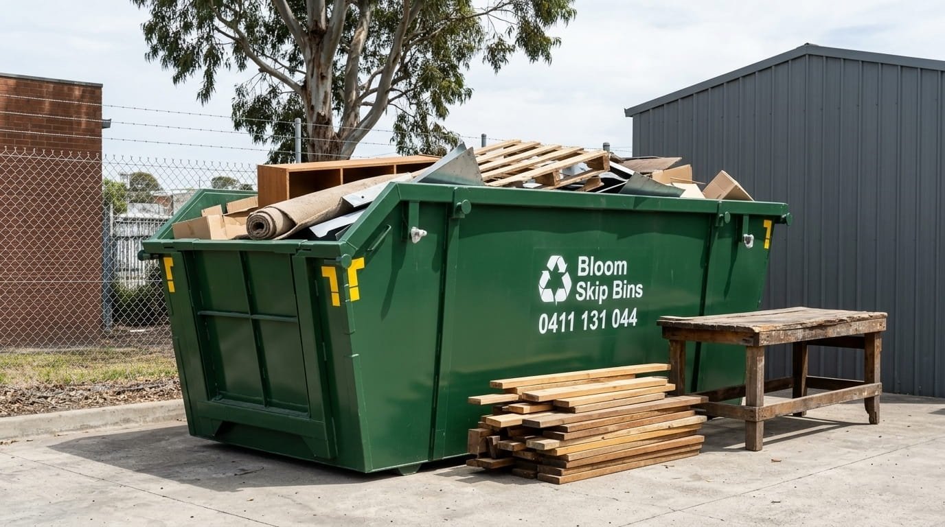 Bloom Skip Bins 10m³ bin in a commercial yard during an end-of-lease clean-up