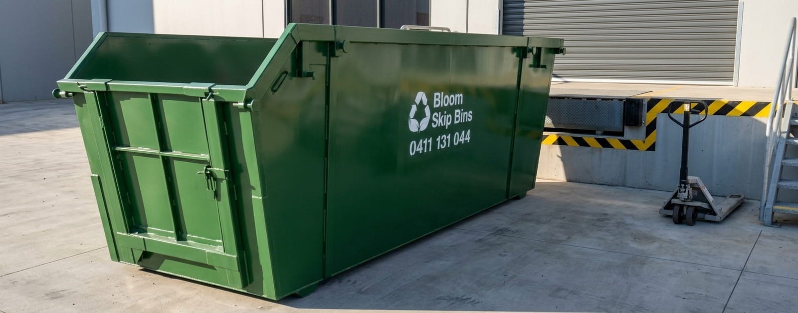 Bloom Skip Bins 10m³ bin on a commercial loading dock in Melbourne