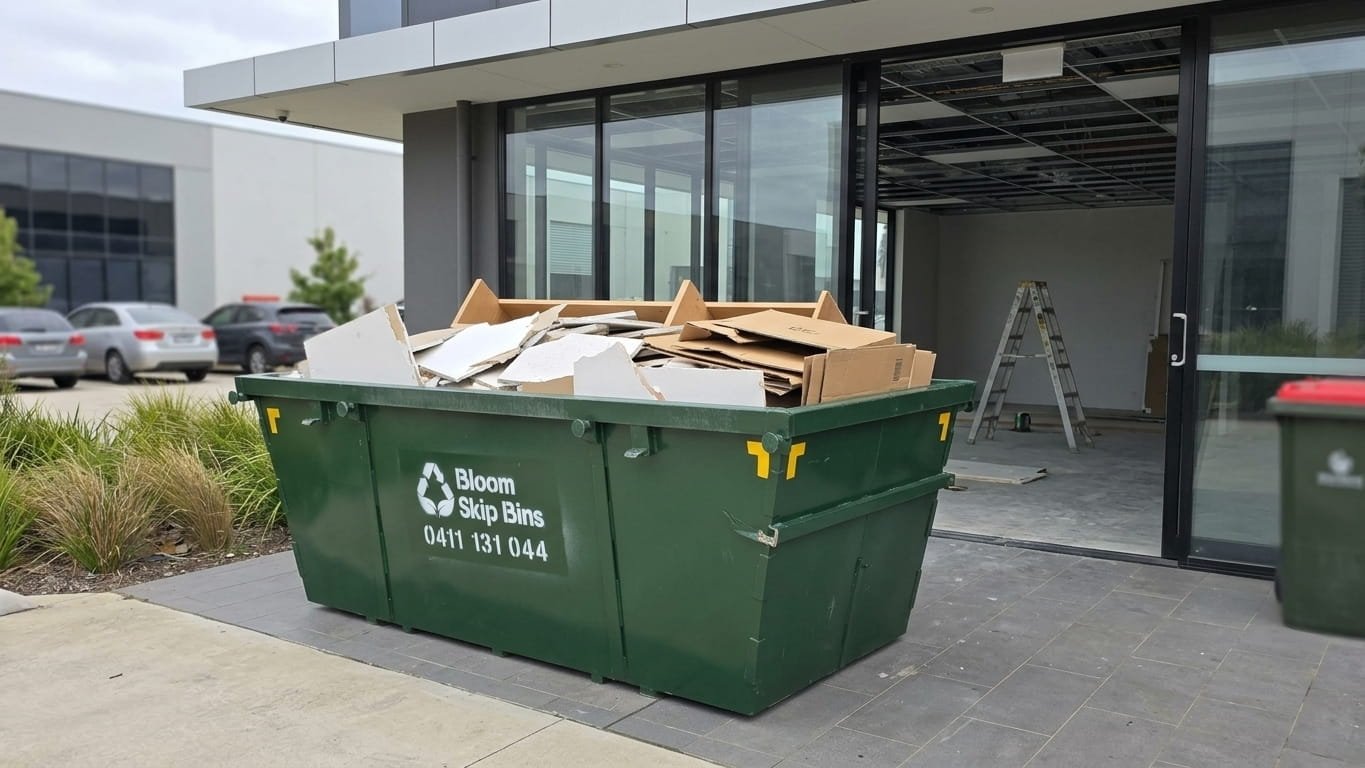 Bloom Skip Bins 4m³ bin outside a commercial reception during a fit-out