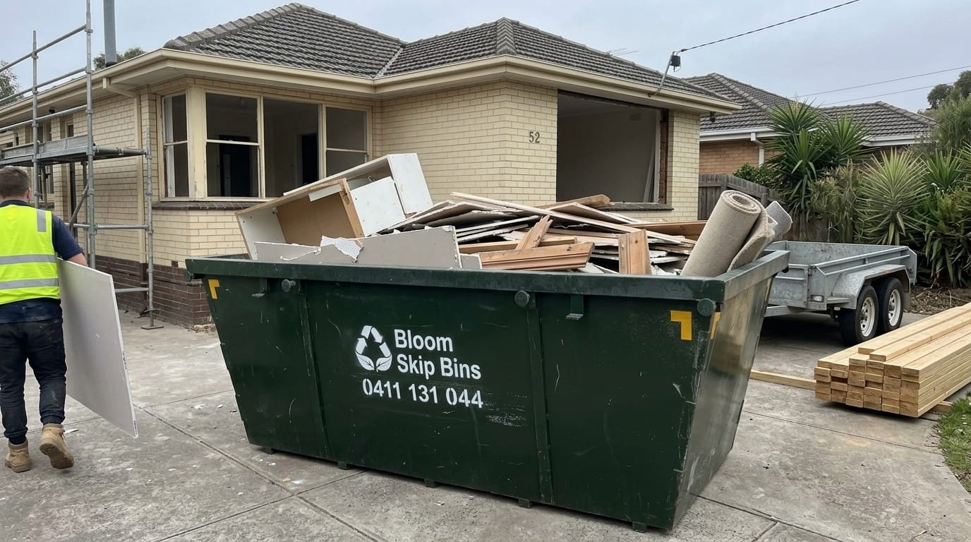 Construction skip bin on a Melbourne renovation site during strip-out