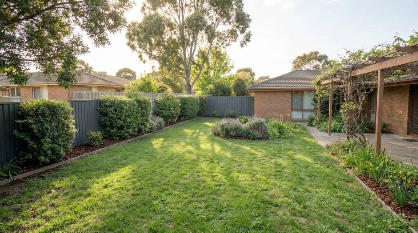 The same backyard after the clean-up, hedges trimmed and lawn clear