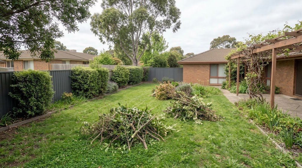 Backyard before the clean-up, with overgrown hedges and piles of cut branches