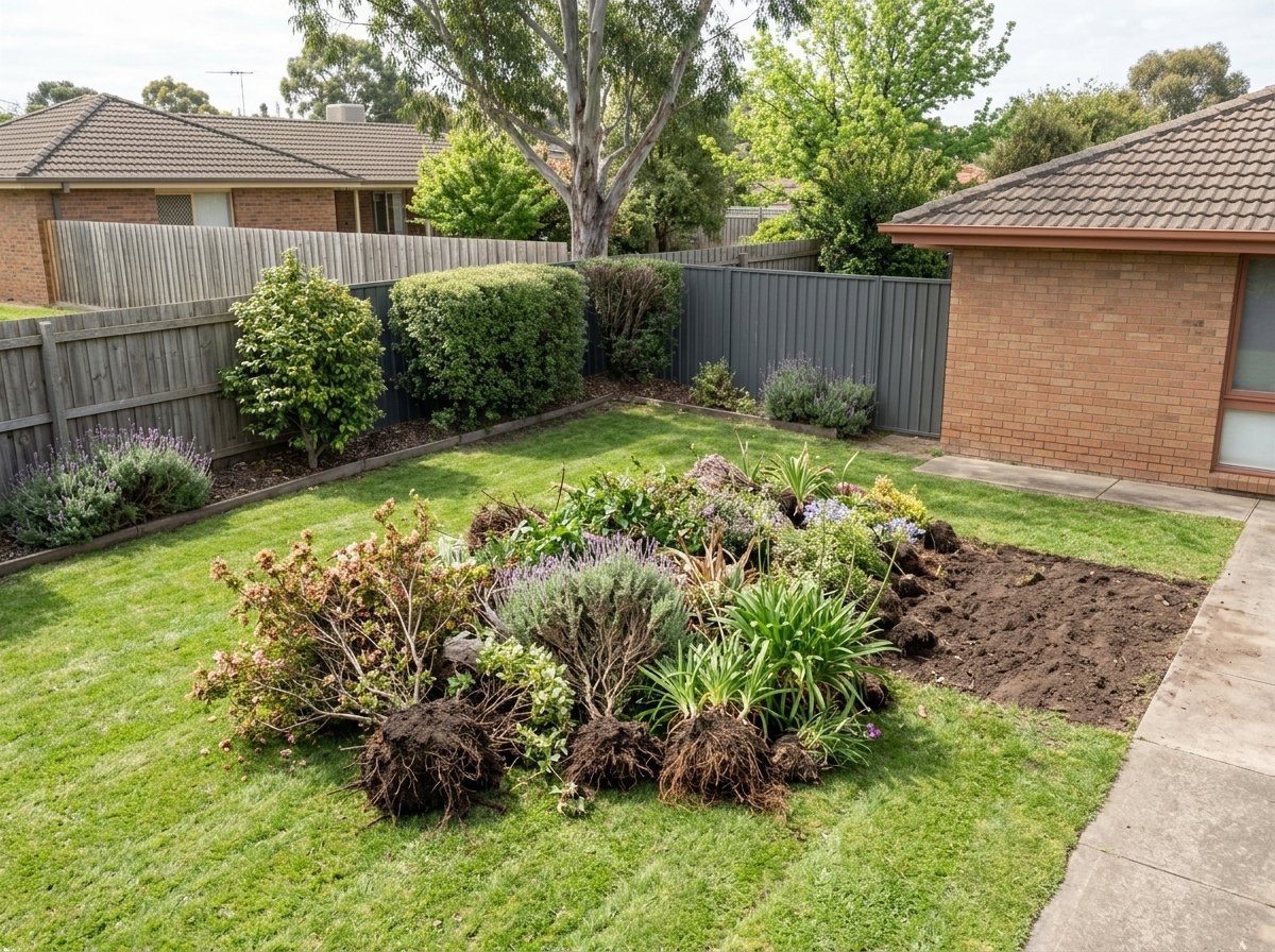 Pulled-out shrubs and old garden plants with roots