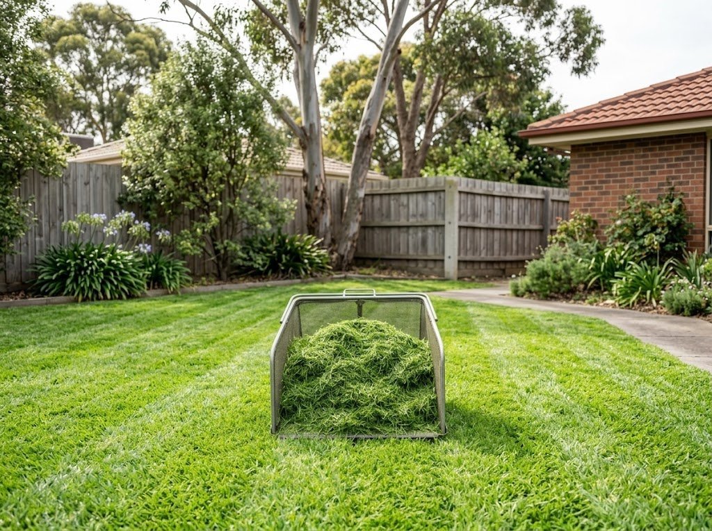 Fresh grass clippings in a mower catcher