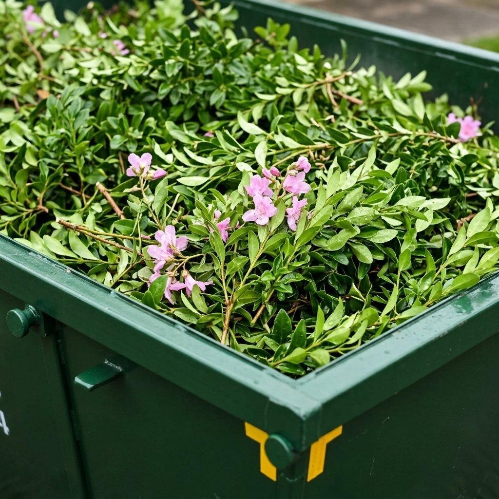 Close-up of freshly cut leafy prunings in the bin
