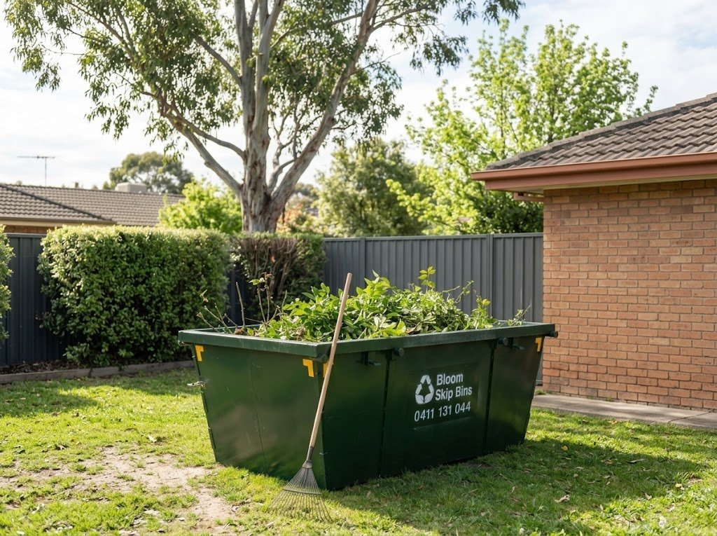 Bloom green waste skip bin in a backyard, half filled with fresh branches and hedge prunings