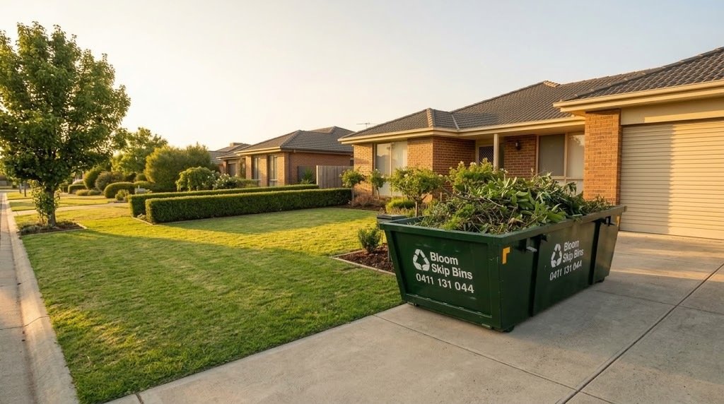 Neatly cleared backyard with a full green waste bin waiting on the driveway