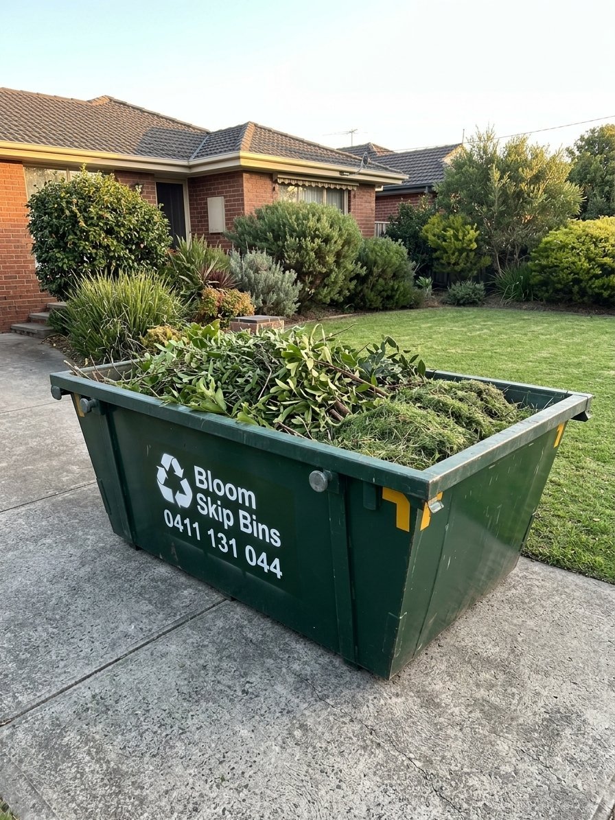 Bloom skip bin loaded to the top with branches, leaves and prunings, ready for collection