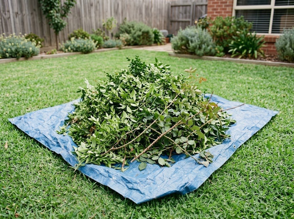 Hedge trimmings and rose canes piled on a tarp