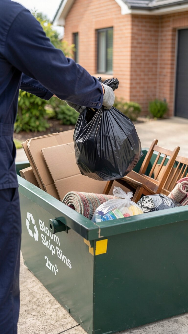 Person dropping a bag of household rubbish over the side of a 2m³ mini skip