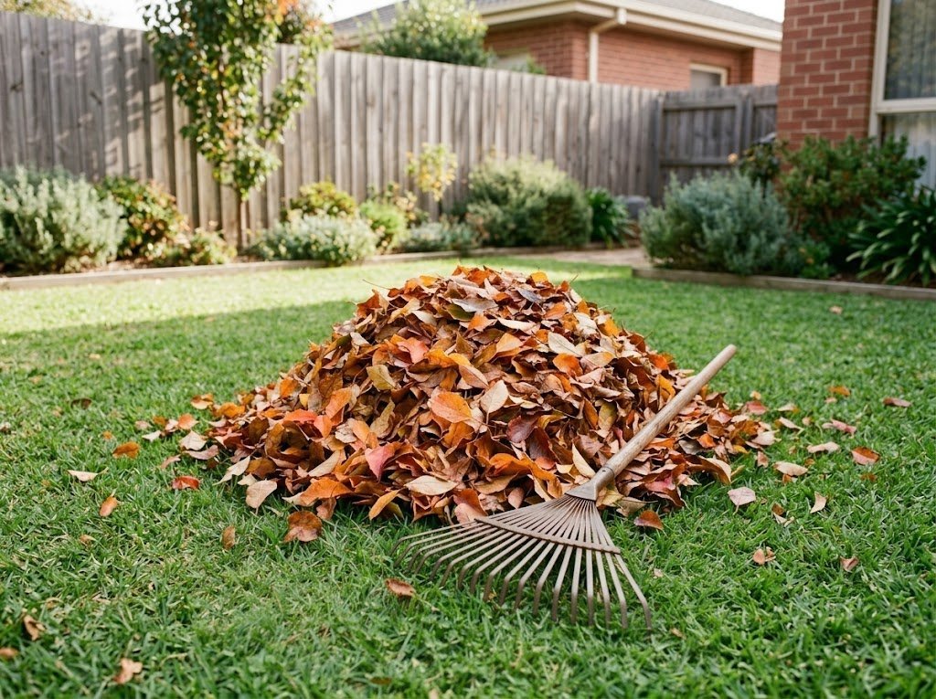 Raked pile of autumn leaves