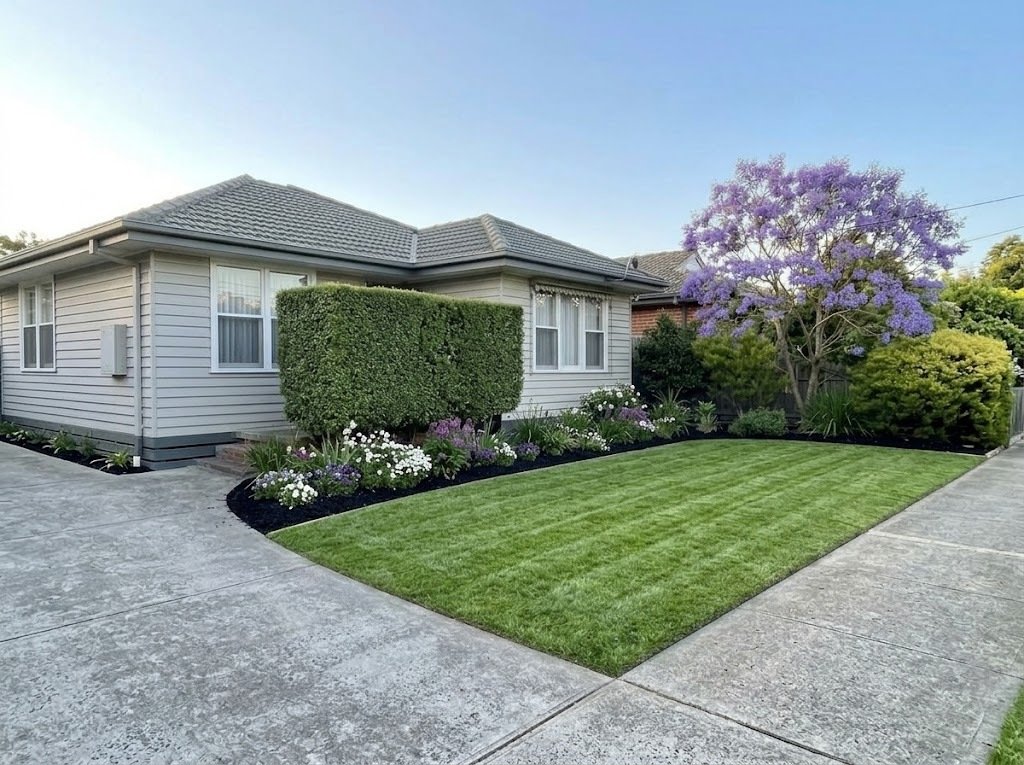 Freshly trimmed hedge and raked lawn after a spring garden clean-up