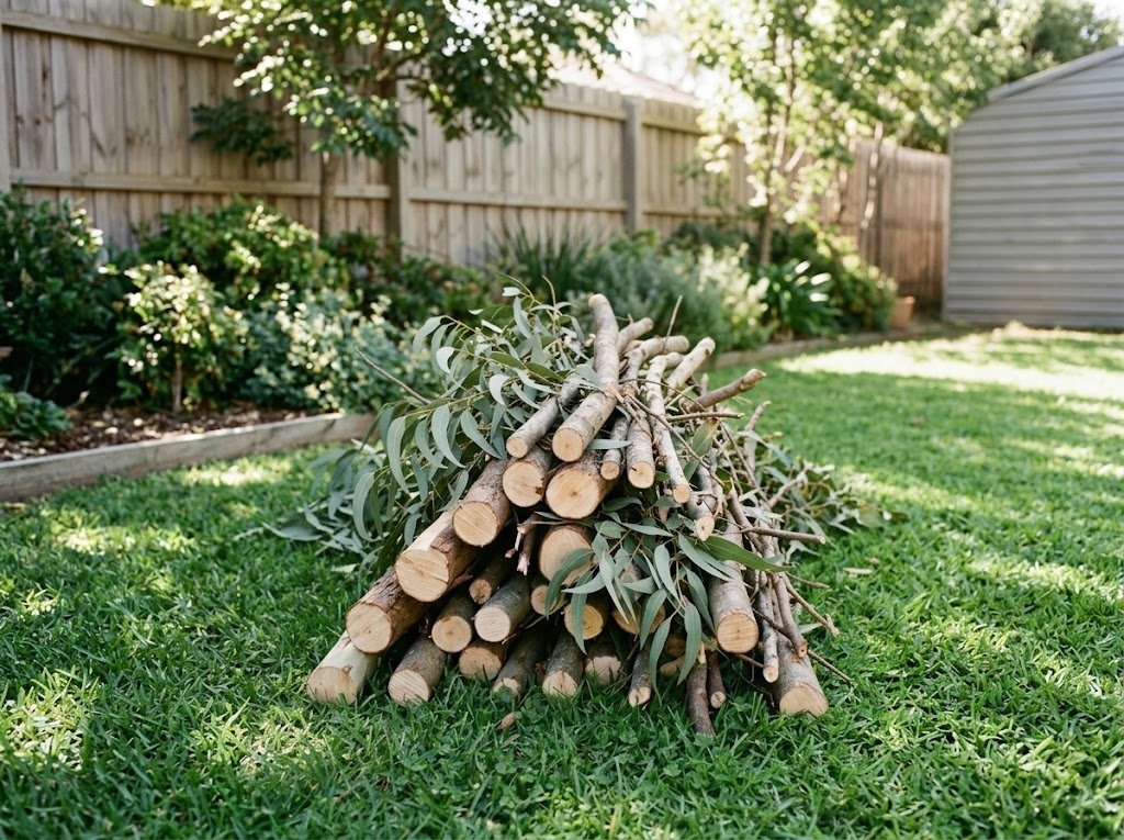 Cut tree branches stacked on a lawn